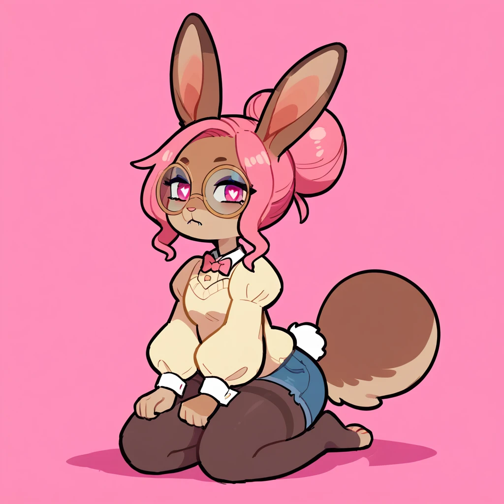 score_9, score_8_up, rbrite, rabbit, solo, full body, digital art, highly detailed, (score_9, score_8_up), score_7_up, score_6_up, score_5_up, score_4_up, Hazel Typh, 1bunny, best quality, furry, brown fur, pink hair, animal ears, gold piercing, heart-shaped pupils, animal nose, pink eyes, hair bun, long tail, expressionless, closed mouth, fangs, puffy sleeves, kneeling, on knees, pink background, looking at viewer, round glasses, beautiful and detailed, girl (((female))) ((anthro)) bunny, (Averi, bunny girl), by waspsalad, by phluks, by zero-sum, bunny, (anthro, fluffy fur, character focus:1.1), anthro bunny, body fur, nice, cute, digital drawing, (half-closed eyes), big eyes, sweater, short shorts, thigh highs, stockings, (hi res), ((masterpiece)), ((best quality)), bunny, female bunny, clean sketch, anthropomorphic bunny, fursona, sharp teeth, big ears, smooth hair, smooth fur, long eyelashes, makeup, thin, chubby face