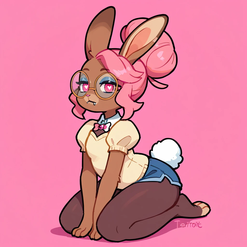 score_9, score_8_up, rbrite, rabbit, solo, full body, digital art, highly detailed, (score_9, score_8_up), score_7_up, score_6_up, score_5_up, score_4_up, Hazel Typh, 1bunny, best quality, furry, brown fur, pink hair, animal ears, gold piercing, heart-shaped pupils, animal nose, pink eyes, hair bun, long tail, expressionless, closed mouth, fangs, puffy sleeves, kneeling, on knees, pink background, looking at viewer, round glasses, beautiful and detailed, girl (((female))) ((anthro)) bunny, (Averi, bunny girl), by waspsalad, by phluks, by zero-sum, bunny, (anthro, fluffy fur, character focus:1.1), anthro bunny, body fur, nice, cute, digital drawing, (half-closed eyes), big eyes, sweater, short shorts, thigh highs, stockings, (hi res), ((masterpiece)), ((best quality)), bunny, female bunny, clean sketch, anthropomorphic bunny, fursona, sharp teeth, big ears, smooth hair, smooth fur, long eyelashes, makeup, thin, chubby face