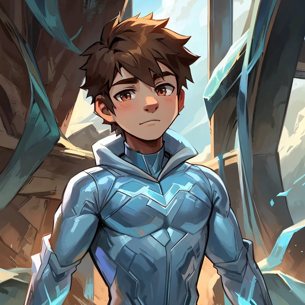 A boy with an ice suit and brown hair and blue ribbon on his chest and ice background