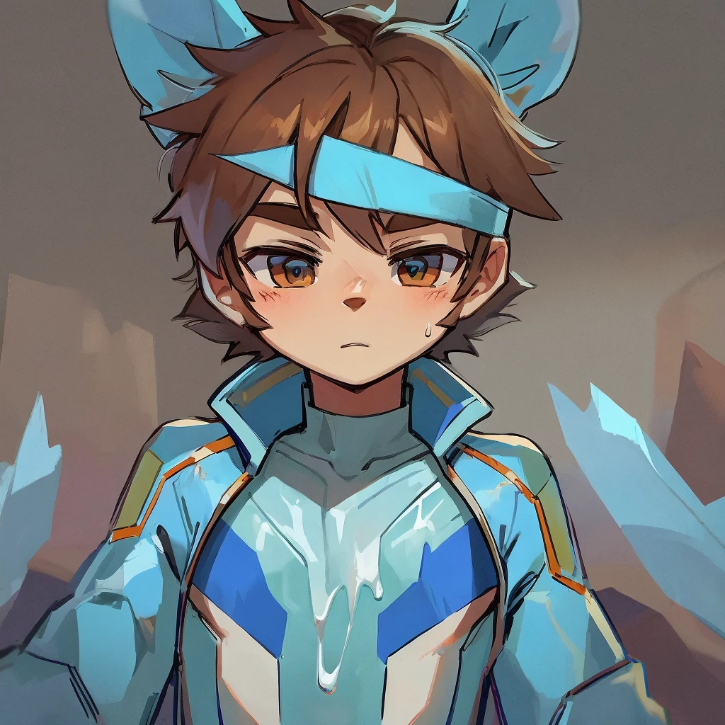 A boy with an ice suit and brown hair and a blue ribbon on his chest