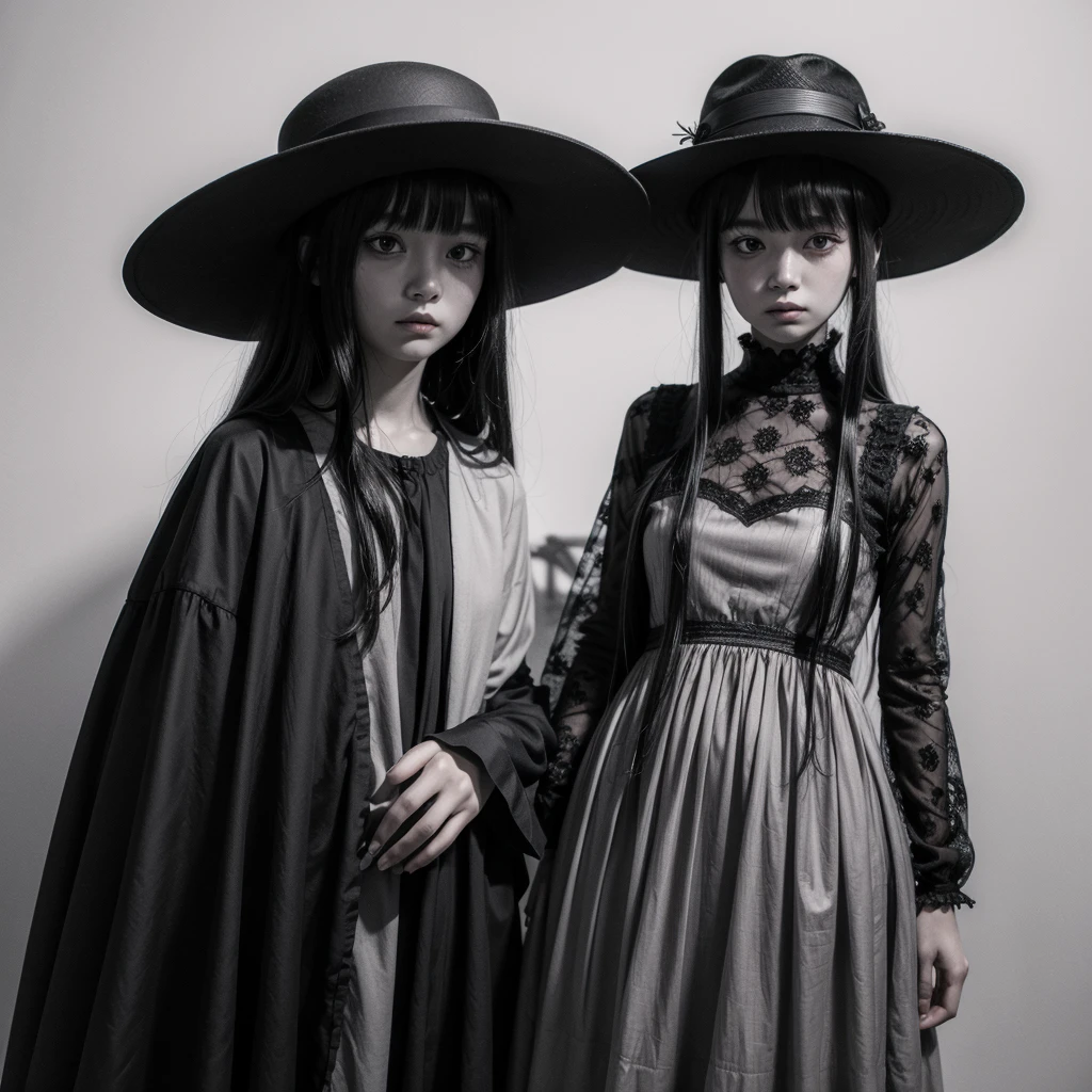 drawing of a girl in a dress and a monster in a hat, inspired by Junji Ito, not junji ito style, Junji this work of art, dark and mysterious character, inspired by Fritz von Dardel, By Oka Yasutomo, by Naka Bokunen, It's Junji's style, this is junji art, art style of junji ito