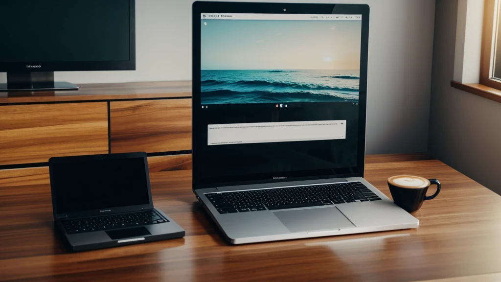 there is a retangular laptop computer sitting on a Wooden desk with a cup of coffee, wide-screen, laptop, working on a laptop at a desk, a computer rendering, pc screen image, office background, computer, computer cgi, high quality image, laptops, in front of a computer, wide screen, computer render, widescreen, large screen, 8k