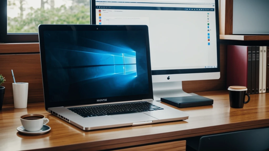 there is a retangular laptop computer sitting on a Wooden desk with a cup of coffee, wide-screen, laptop, working on a laptop at a desk, a computer rendering, pc screen image, office background, computer, computer cgi, high quality image, laptops, in front of a computer, wide screen, computer render, widescreen, large screen, 8k