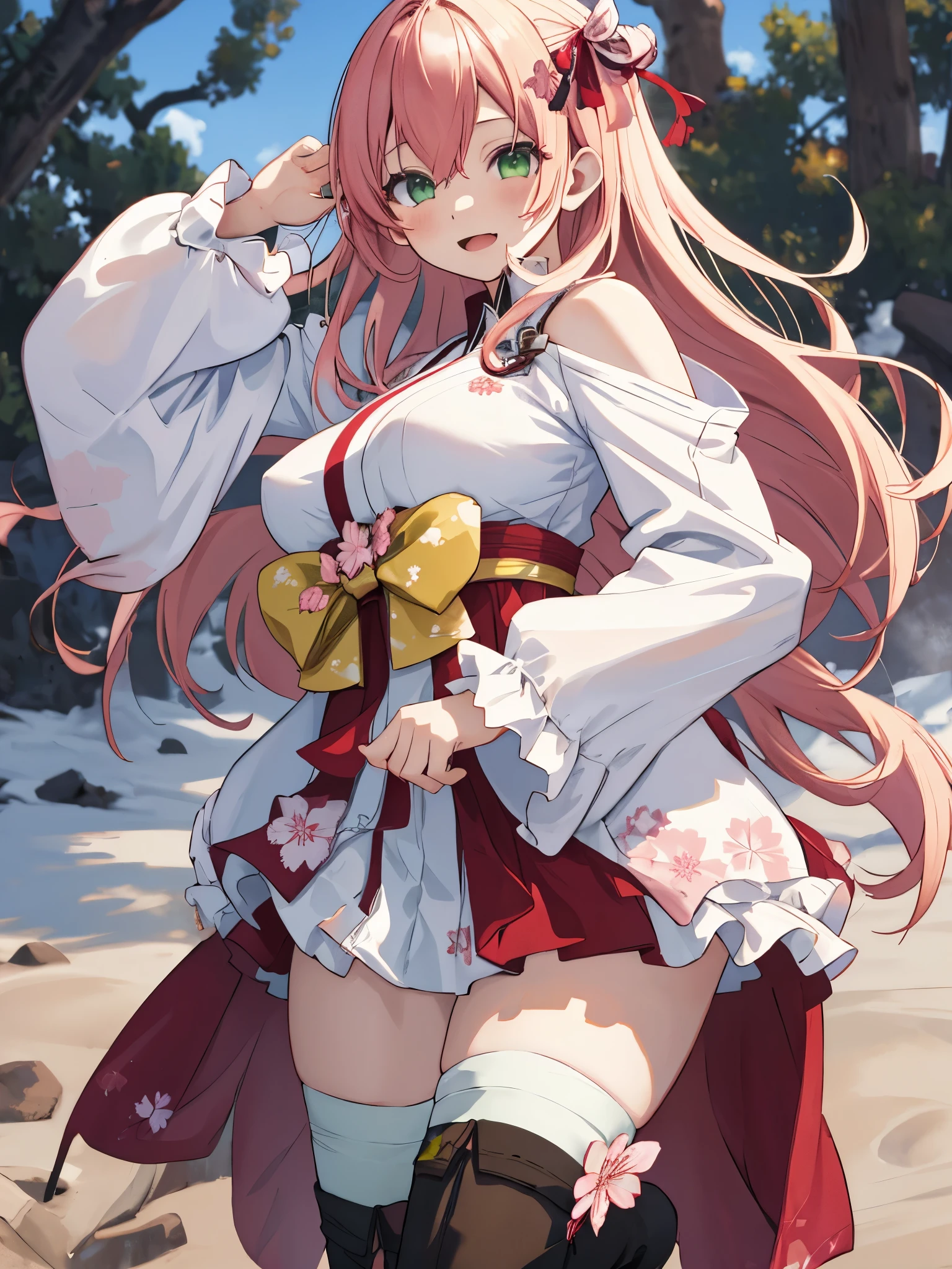 masterpiece, best quality, highres, sakura_miko, 1girl, (loli:1.3),medium_breasts, kimono, solo, ahoge, x_hair_ornament, pink_hair, floral print, hairclip,(side_less_clothes:1.3), (side_breasts:1.3), hair_bell, floral print, long_hair, hair between eyes, one side up, white_thighhighs, wide sleeves, open_mouth,(happy:1.3),green_eyes,smile,apart_legs,(overly_long_sleeves:1.3),),sleeves_past_wrists,hands_hidden_sleeves,sidelock_clothes,solo,hidden_wrists,(XD:1.5),covered_nipples,sunlight,(bare_flank:1.3),boots,open_mouth,kimono,close_eyes,.
