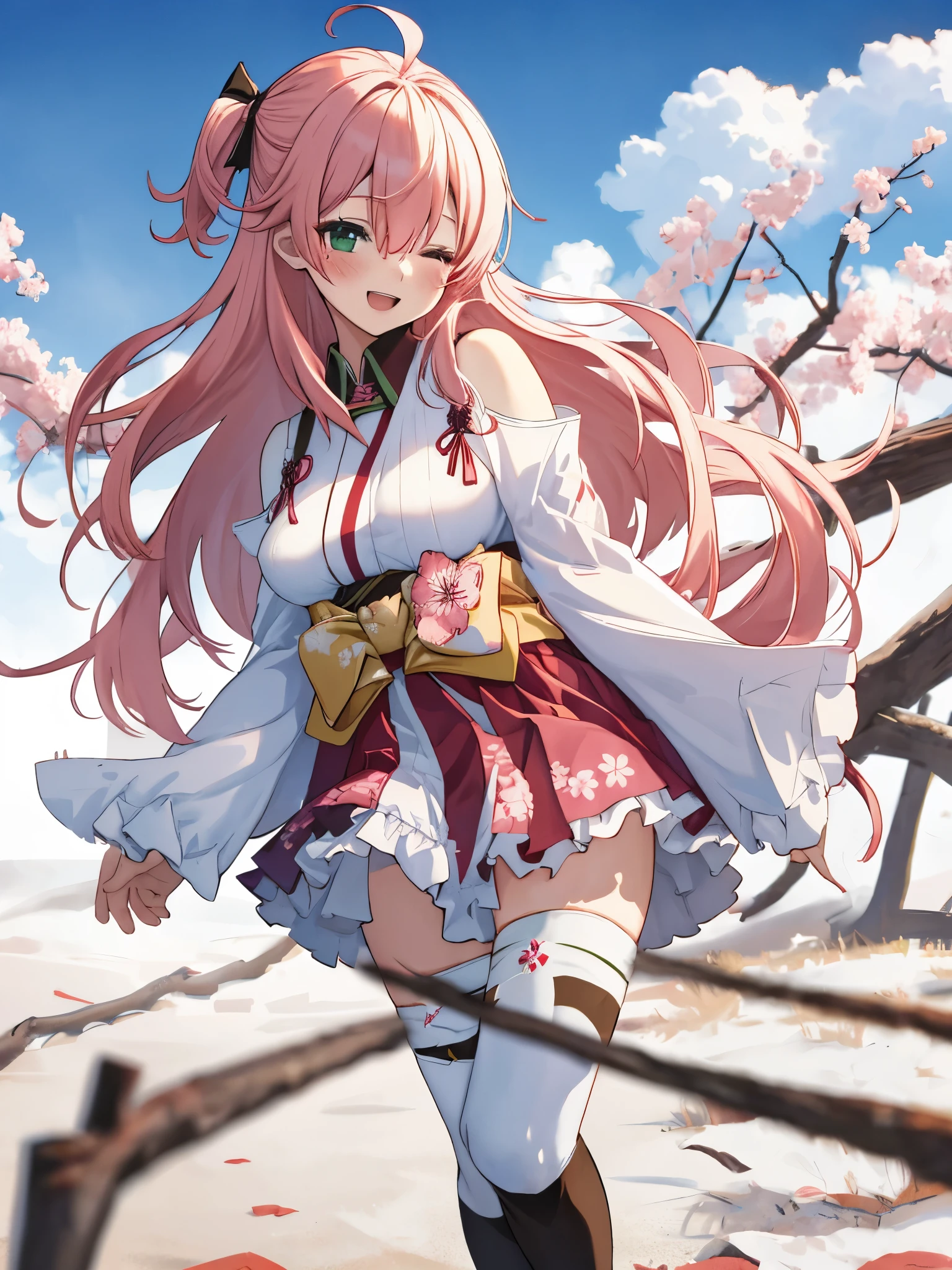 masterpiece, best quality, highres, sakura_miko, 1girl, (loli:1.3),medium_breasts, kimono, solo, ahoge, x_hair_ornament, pink_hair, floral print, hairclip,(side_less_clothes:1.3), (side_breasts:1.3), hair_bell, floral print, long_hair, hair between eyes, one side up, white_thighhighs, wide sleeves, open_mouth,(happy:1.3),green_eyes,smile,apart_legs,(overly_long_sleeves:1.3),),sleeves_past_wrists,hands_hidden_sleeves,sidelock_clothes,solo,hidden_wrists,(XD:1.5),covered_nipples,sunlight,(bare_flank:1.3),boots,open_mouth,kimono,close_eyes,.