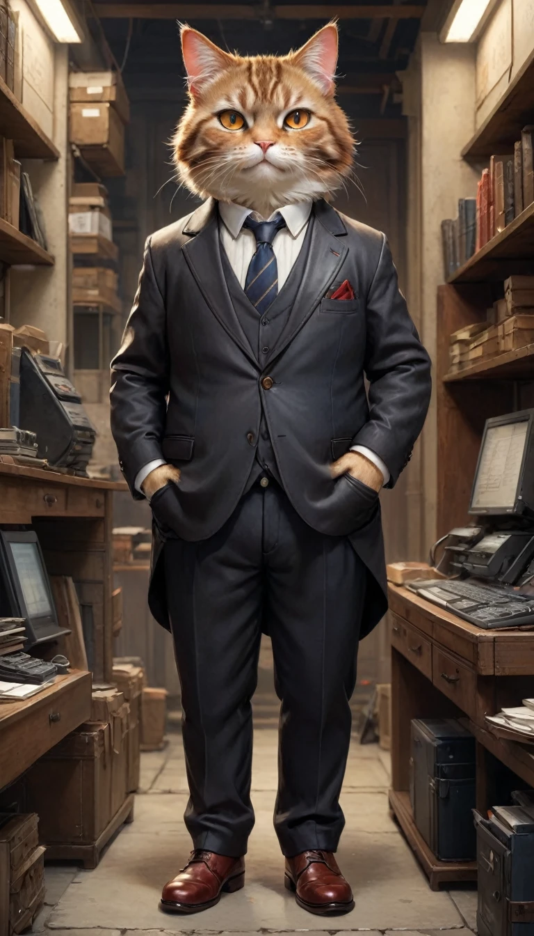 small, かわいいto be bornき物, Wearing a black suit,Wearing suit pants、Brown leather shoes、 whole body,small , Are standing, Costume, Computer Operation、 Fantasy art, Exquisite detail, Jean-Baptiste Monge Style, office、Alan Lee Style, Anthropomorphic, Fat, A shaggy tabby cat with red eyes, Movie Scenes, Dramatic shot angles, , Realistic, to be born々Stunning cinematic photorealism, Action Portrait, 8k, detailed, Full Frame