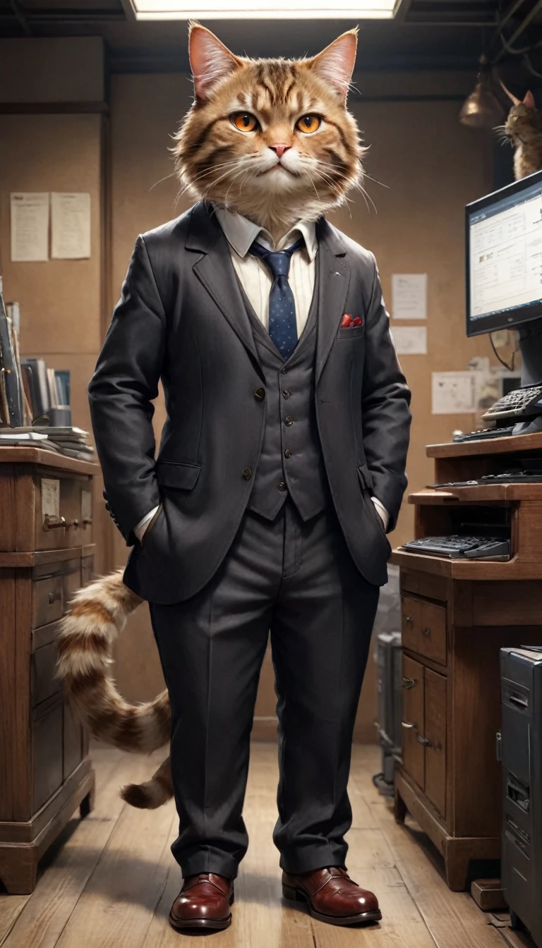 small, かわいいto be bornき物, Wearing a black suit,Wearing suit pants、Brown leather shoes、 whole body,small , Are standing, Costume, Computer Operation、 Fantasy art, Exquisite detail, Jean-Baptiste Monge Style, office、Alan Lee Style, Anthropomorphic, Fat, A shaggy tabby cat with red eyes, Movie Scenes, Dramatic shot angles, , Realistic, to be born々Stunning cinematic photorealism, Action Portrait, 8k, detailed, Full Frame