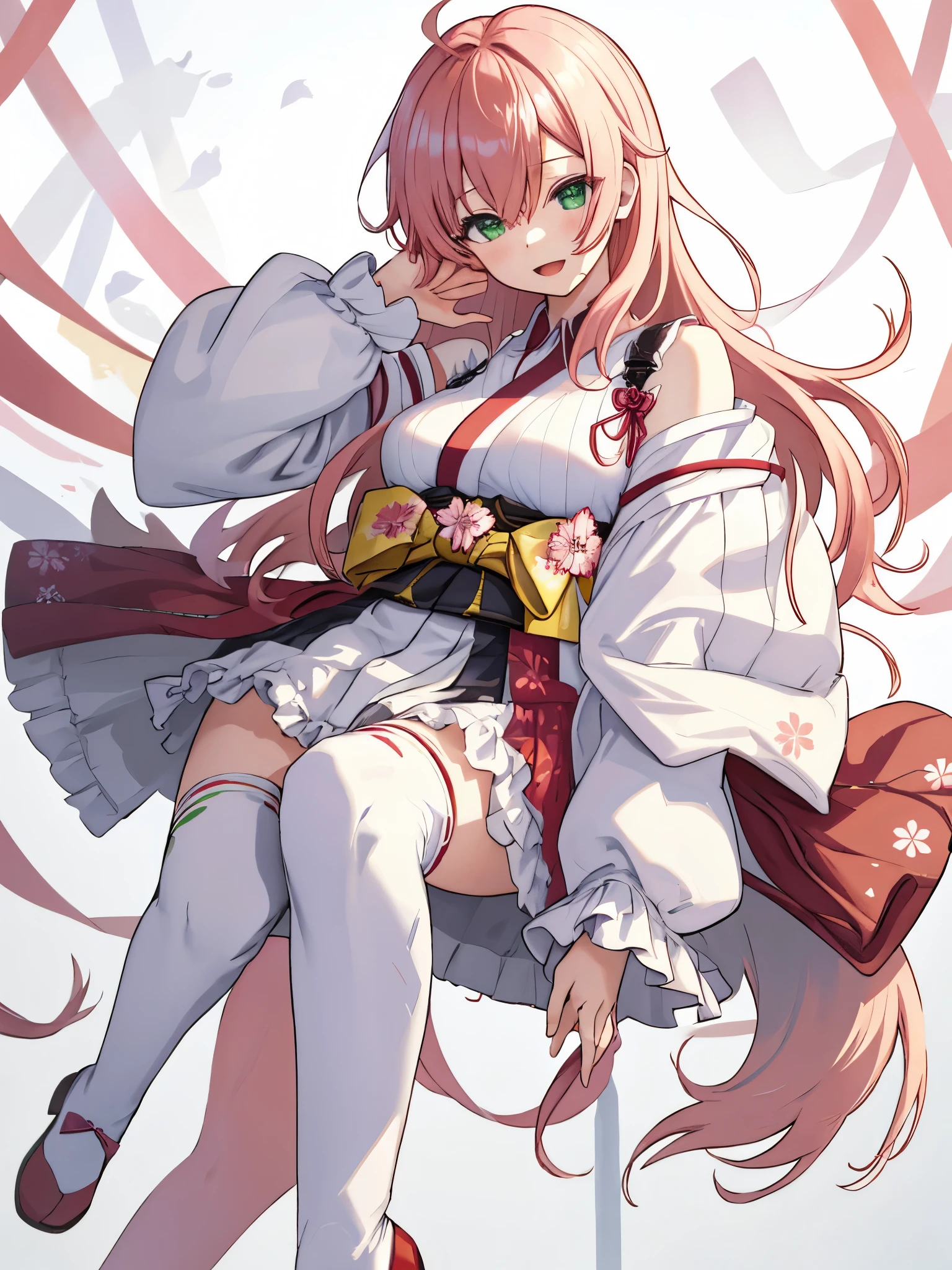 masterpiece, best quality, highres, sakura_miko, 1girl, (loli:1.3),medium_breasts, kimono, solo, ahoge, x_hair_ornament, pink_hair, floral print, hairclip,(side_less_clothes:1.3), (side_breasts:1.3), hair_bell, floral print, long_hair, hair between eyes, one side up, white_thighhighs, wide sleeves, open_mouth,(happy:1.3),green_eyes,smile,apart_legs,(overly_long_sleeves:1.3),),sleeves_past_wrists,hands_hidden_sleeves,sidelock_clothes,solo,hidden_wrists,(XD:1.5),covered_nipples,sunlight,(bare_flank:1.3),boots,open_mouth,kimono,close_eyes,.