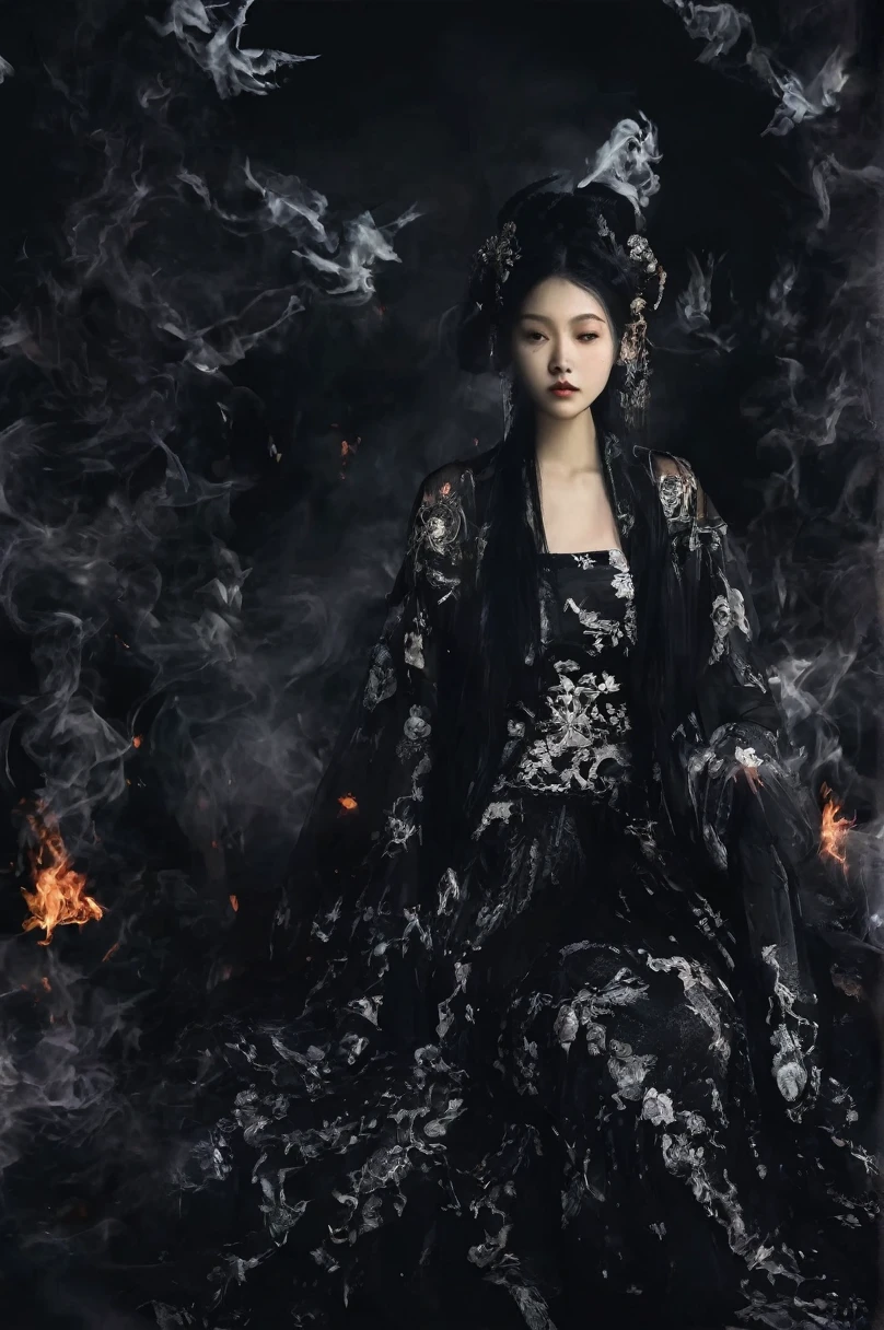 The picture is symmetrical, Symmetrical art double exposure style, Volumetric lighting, lean forward,light depth, Dramatic mood lighting, Volumetric lighting, Double image ghosting effect, Image combination,
(actual, photoactual),The girl sat on the throne, and Black flames spread around her from the center
(Black:1.2)
The girl is wearing a Hanfu made up of Black ghosts and skeletons. The Black ghosts and skeletons surround the girl, with Black flames burning and ghosts all around.