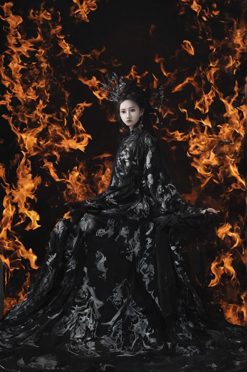 The picture is symmetrical, Symmetrical art double exposure style, Volumetric lighting, lean forward,light depth, Dramatic mood lighting, Volumetric lighting, Double image ghosting effect, Image combination,
(actual, photoactual),The girl sat on the throne, and Black flames spread around her from the center
(Black:1.2)
The girl is wearing a Hanfu made up of Black ghosts and skeletons. The Black ghosts and skeletons surround the girl, with Black flames burning and ghosts all around.