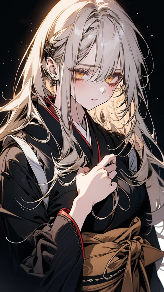(Top resolution、Distinct_image)top-quality、A girl 、masterpiece、highly detailed, half body, Semi-realistic、yellow eyes 、18year old, silver hair,young 、Exquisite facial features、Facial features ,variation potrait, long hairstyles, age, cool , cold sharp eyes, An expression of despair., lifeless eyes, blood on face, , {Very detailed 8k CG unit wallpaper}, Handsome, solo, female, , loyalty ,Japanese kimono, detailed eyes, beautiful eyes, gorgeous body , cool , warriors, guardians
