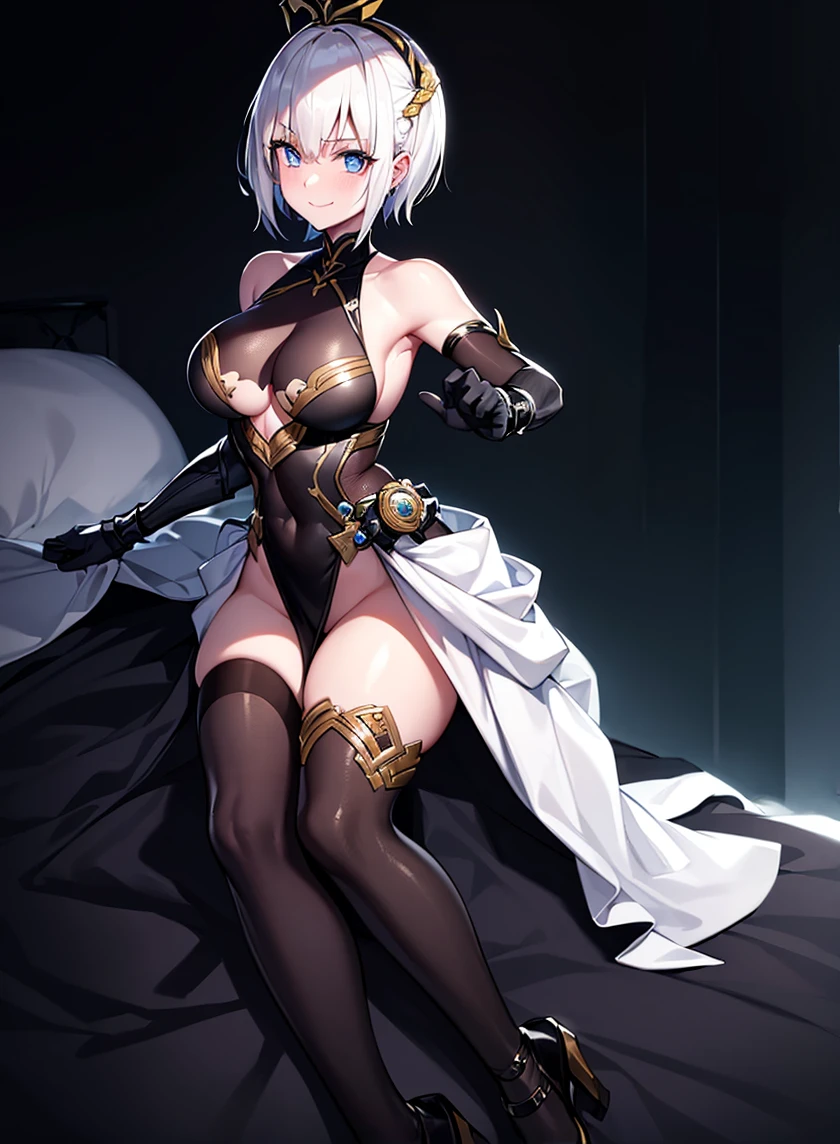 ((masterpiece, best quality, highest quality, ultra-detailed, 32K cg wallpaper, high resolution)),1 mechanical woman,silver hair,green eye,very short straight hair,blunt bangs,gigantic breasts,orgasm,smile,saliva,open mouth,topless,bottomless,mechanical arms,mechanical legs,breast milk,pov,cowgirl position, sweat,pussy juice,vibrator,woman's masturbation,on bed,