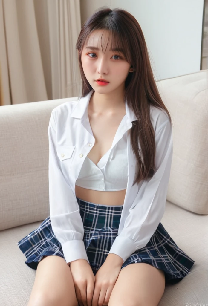 ((Highest quality, 8K, masterpiece:1.3)), concentrate: 1.2, Ephemeral、19 years old、university student、beauty: 1.4,  Center parting、chest: 1.2、 Big white shirt、hot pants、Highly detailed face and skin texture, Delicate eyes, double eyelid,Fair skin、Sad face、 Sitting on a sofa in a cute room、Selfie、Looking down at the viewer、Underwear visible under the skirt、Thick thighs