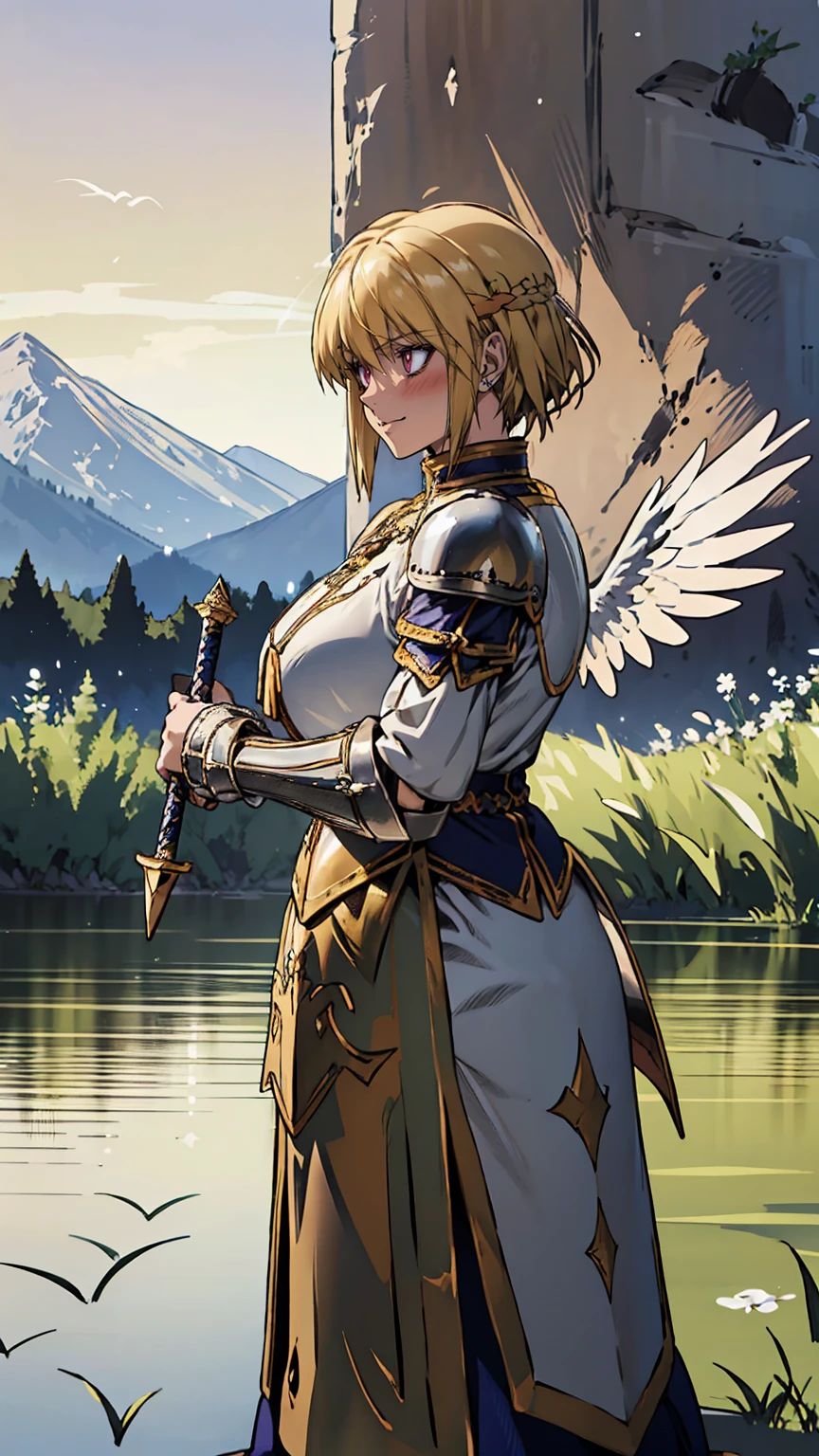 woman in her 20s、1 person、Angelic、There are large white wings on the back、Has 6 wings、Swan wings、With a round face、round chin、Close-up of a woman in armor holding a sword, Armor girl, female knight, big and full breasts、full armor, full armor, gorgeous female paladin, female knight, of a Beautiful female knight, Beautiful armor, Plump、thick waist、wide waist、full armor, armor、Gorgeous full-body armor, Amazing armor, Trending on Art Station Pixiv, Beautiful female knight、has a large sword、Great Sword of Steel、happy look、looking here、Look at me、Lakeside、white military flags lined up, There is a large army behind us far away.、With forest and mountains in the background、black string、Black pattern,kurapika, bob hair, blonde hair, (long tits:1.1), (huge tits:1.1), (saggy tits:1.2), (BIG ASS:1.2)