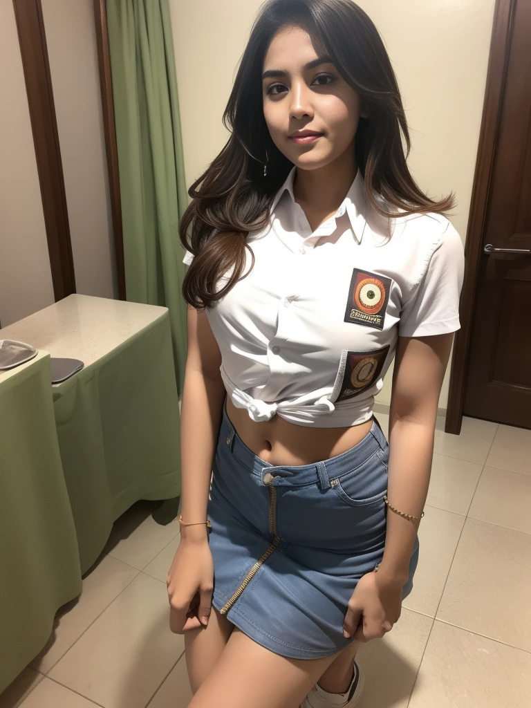 1girl, (Indonesian_high_school), semi-curvy body, standing, indoors, detailed face, detailed eyes, unparalleled beauty, looking at the camera , medium breasts, detailed skin, muscle legs, muscle arms, six pack abs, looking at the audience,wearing miniskirt, wearing cropped shirt, (8k, RAW photo, best quality, masterpiece: 1.2), (realistic, realistic: 1.37), ultra-high resolution