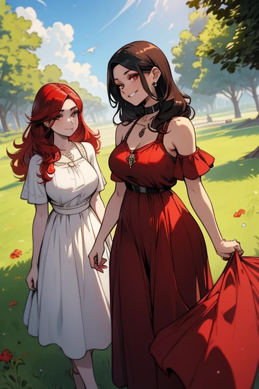 Two women. Perfect faces. Perfect hands. A red haired woman with red eyes and an hourglass figure in a pretty summer dress is picnicking with a black haired woman with brown eyes with an hourglass figure on the grass in a park with a big smile