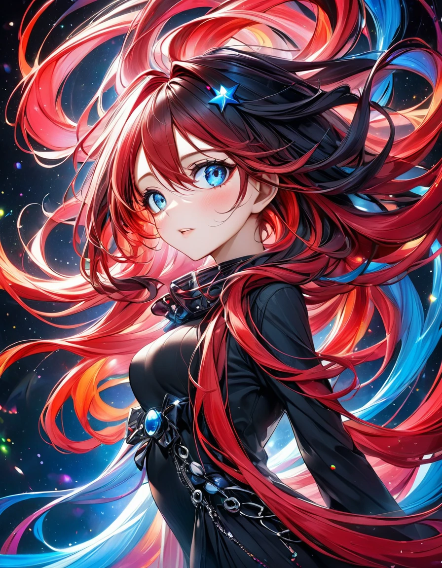In a mesmerizing cascade of color and light, an enchanting anime girl sexy hot all black stars candroites viewers with her ethereal beauty. Her delicate features are framed by cascading locks of shimmering long red neon hair, her wide, expressive eyes big BLUE red radiating with emotion. A digital painting brings this stunning character to life, depicting her in intricate detail with a seamless blend of realism and fantasy. Every brushstroke and pixel showcases the artist's skill and dedication, making this image a