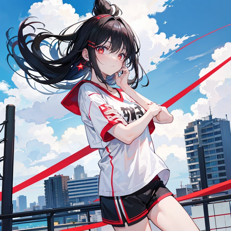 Black Hair，Red Eyes，，Star-shaped pupil，earrings ，Two hairpins，Short sleeve shorts，wearing sportshoes，Don't show your arms，The background is the roof of a high-rise building，Blue sky and white clouds
