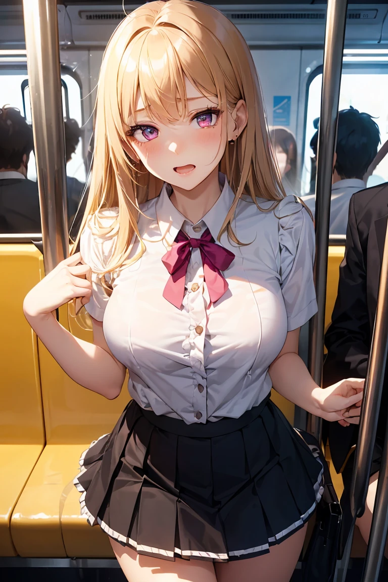 masterpiece, absurdres, best quality, ultra detailed, high Resolution, detailed illustration, bright colour, (extremely beautiful detailed face and eyes, Delicate beautiful face, 1 girl, 18yo, cute face:1.3), (magenta eyes:1.1), sparkling eyes, big eyes, (medium breasts:1.3), (perky breasts:1.1), (pointy breasts:1.1), medium hips, glamorous body, white skin, BREAK, (blonde hair:0.8), messy hair, detailed hair, shiny hair, BREAK (casual blouse, frill skirt, undressed:1.3), perfect lighting, (ecstasy, vulgarity:1.5), (embarrassed:1.3), (crowded train, 1 boy, hand in skirt:1.2),