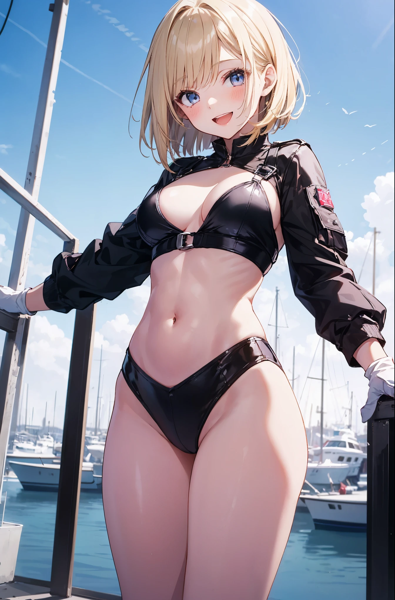 1young_teen_ girl,blond_hair,medium_bob_hair,white_leotard,,thigh,medium_breasts,smile,open_mouth,harbor_background,apart_legs,happy,short_gloves ,solo, navel,_groin