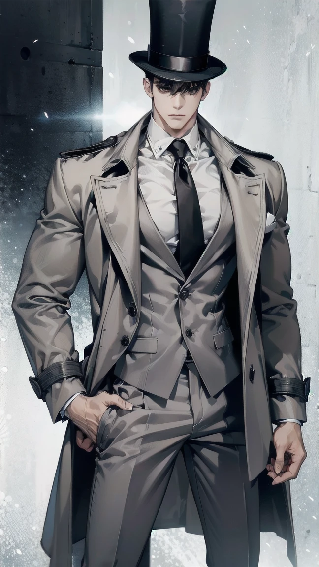 man ,short black hair ,White skin, tall height, muscled body, gray top hat, long gray trench coat, brown pants