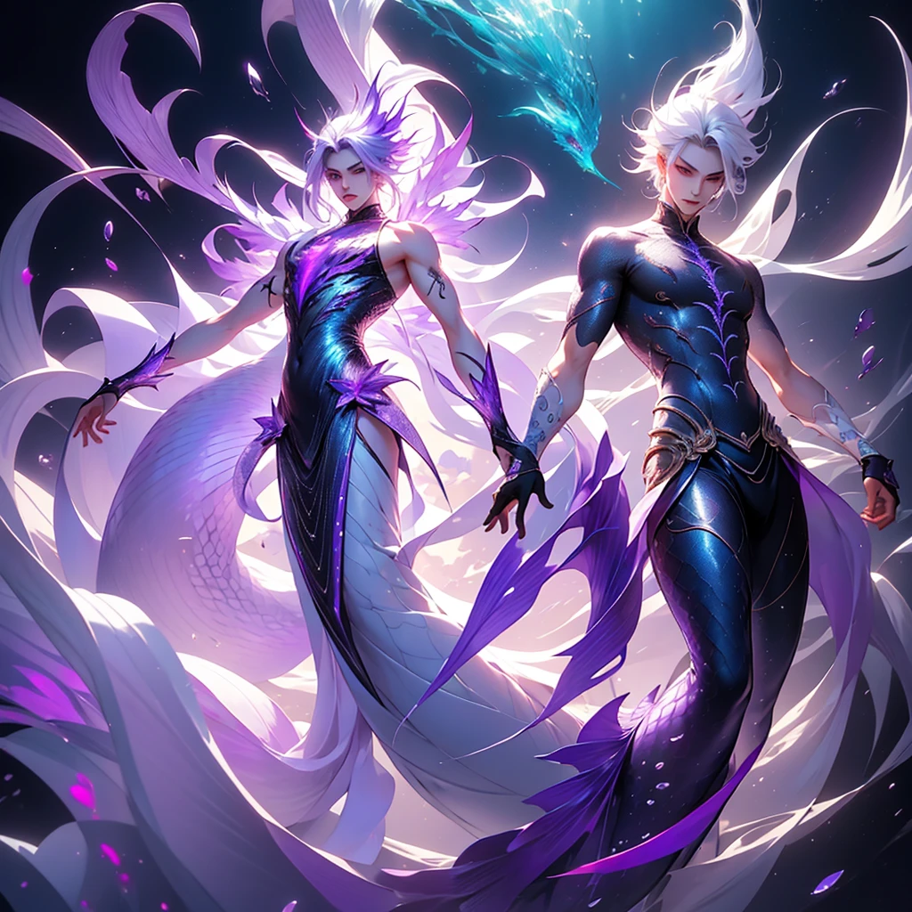 A man, human upper body, fish tail, light purple tail, man with phoenix eyes, light purple eyes, white hair, Chinese style, elegant, full body, underwater, mermaid, slender figure