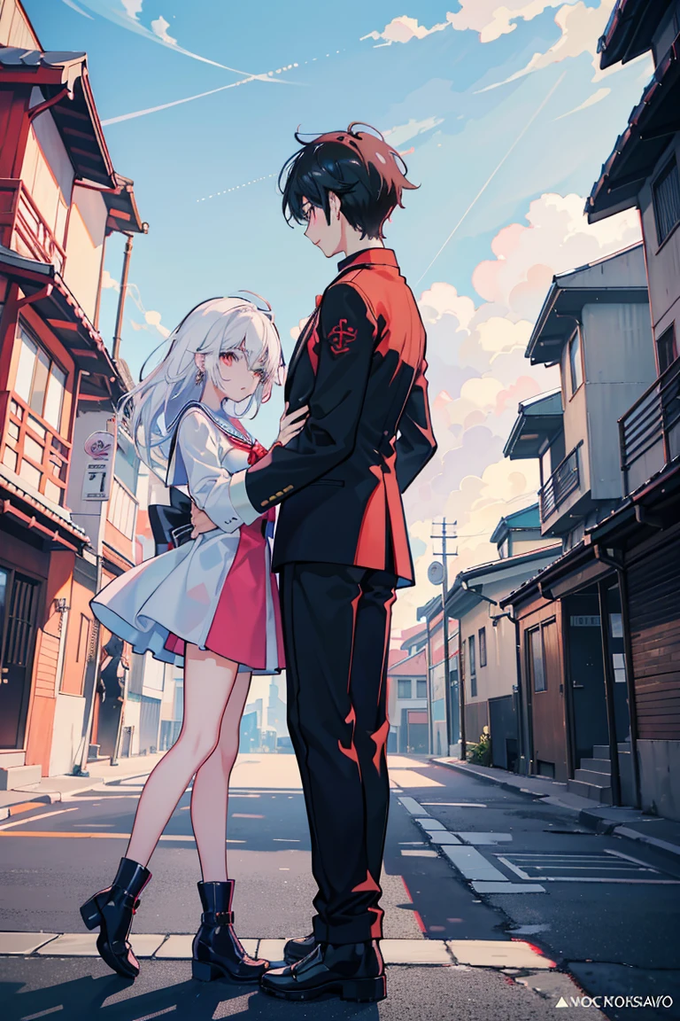 In 4K anime style、The charming Matt Ooriko and Zero Zen are seen embracing each other on a balcony.，The background is the city。tall，Moe art style，Dragon Dance and Zero Zen、Nick Silva and Ilya Kuvshinov both appear in Kavashi 4K Anime Wallpaper Anime Art Wallpaper 8K。The sister and brother are walking down the street in front of the church.，2D Anime Style，modern anime style，Beautiful anime art style，very modern anime style，Anime style portrait。Black-haired boy、White Hair Girl，Their ages were 14 and 15.，meet at the church bell，Touching the other person's cheek，Boy&#39;s Height 1.5 meters，girl height 1.7m，A boy&#39;s desire to protect a girl，Girl in Love，both of them blushed，Wearing a sailor suit,Cute girl with white hair and blue eyes in a red dress and black hair and red eyes dancing,Breathe and laugh，All with cross earrings，kisses，French wet kiss，Saliva painting，kiss，Licking each other，Boy touches woman&#39;s breast