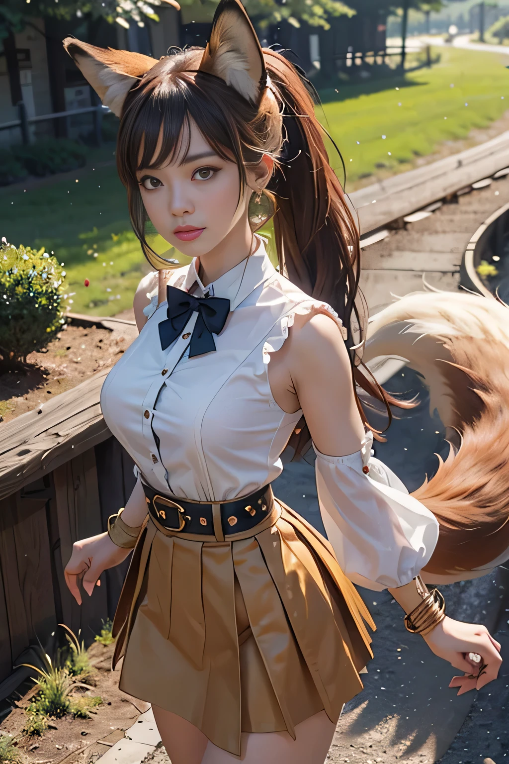 masterpiece, best quality, Ultra DeTailed, RAW photos, (Reality:1.4), High-speed rail Dingyun line, 1 Girl, Solitary, Bangs, (Fox ears), Medium breasts, Garment cutting, cleveage cutout, Animal ears, Fox Girl, brown skirt, ponyTail, bow tie, skirt, (bracelet), Jewelry, cleveage, Separate sleeves, (blue bracelet), White sleeves, shirt, sleeveless shirt, Gold trim, brown skirt, (Tail, fox Tail), earrings, Dynamic Angle, Outdoor deep forest,