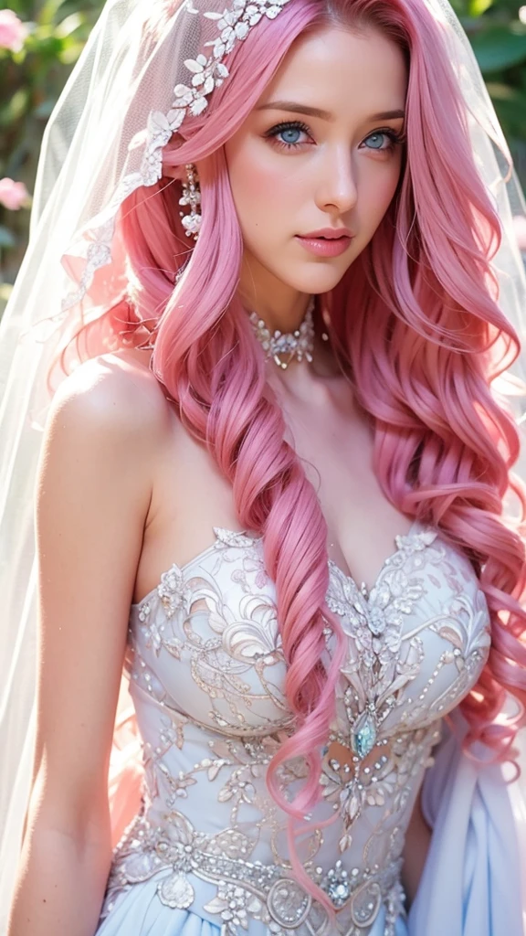 A woman, long curly hair, pink hair, blue eyes, wedding, white dress, Bride