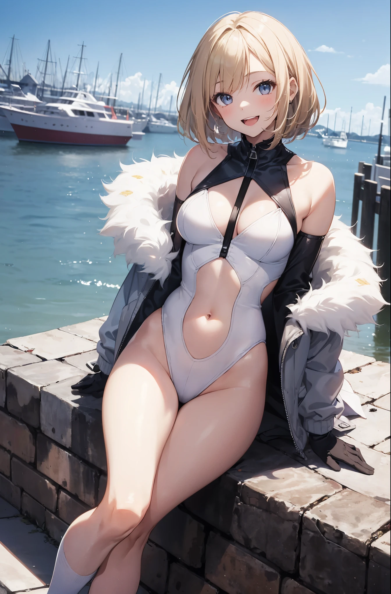 ung_teeirl,blond_hair,medium_bob_hair,white_leotard,,thigh,medium_breasts,smile,open_mouth,harbor_background,apart_legs,happy,short_gloves ,solo, navel,_groin