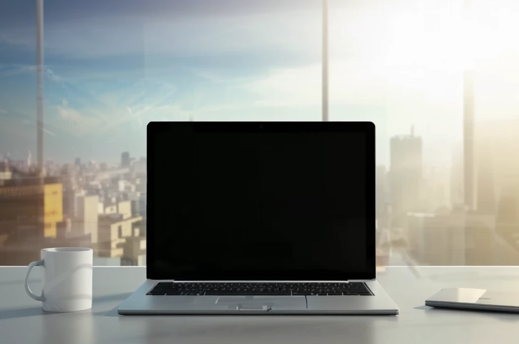 there is a retangular laptop computer sitting on a Wooden desk with a cup of coffee, wide-screen, laptop, working on a laptop at a desk, a computer rendering, pc screen image, office background, computer, computer cgi, high quality image, laptops, in front of a computer, wide screen, computer render, widescreen, large screen, 8k