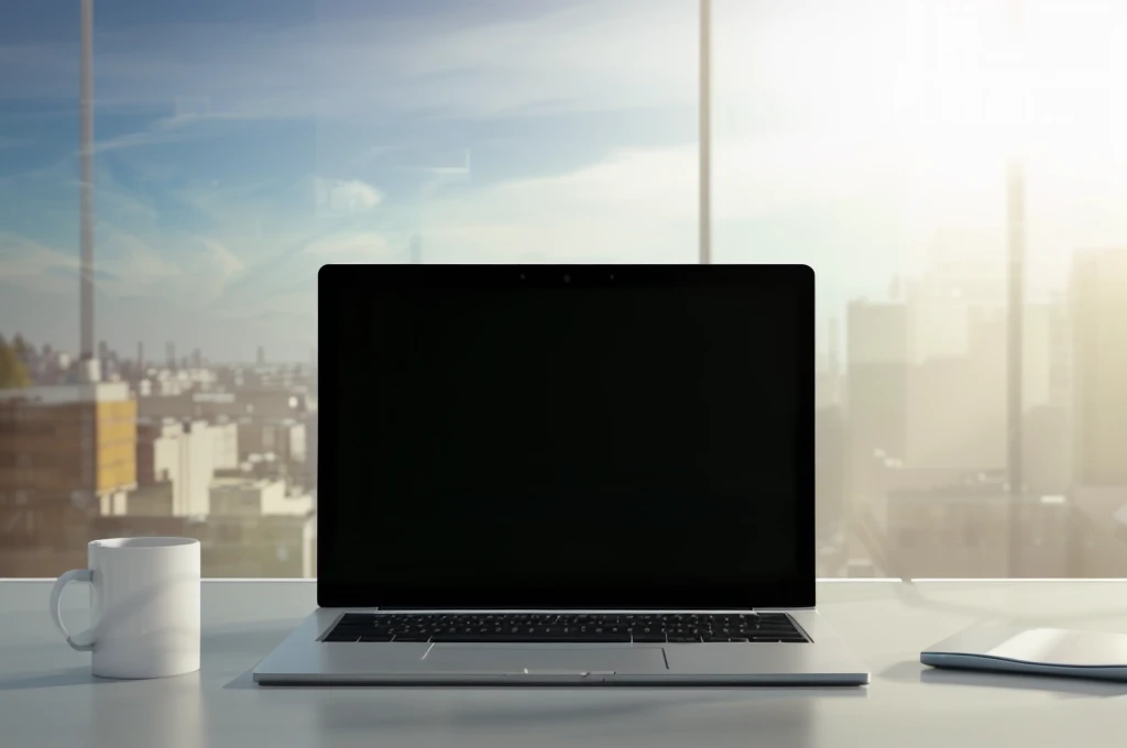 there is a retangular laptop computer sitting on a Wooden desk with a cup of coffee, wide-screen, laptop, working on a laptop at a desk, a computer rendering, pc screen image, office background, computer, computer cgi, high quality image, laptops, in front of a computer, wide screen, computer render, widescreen, large screen, 8k