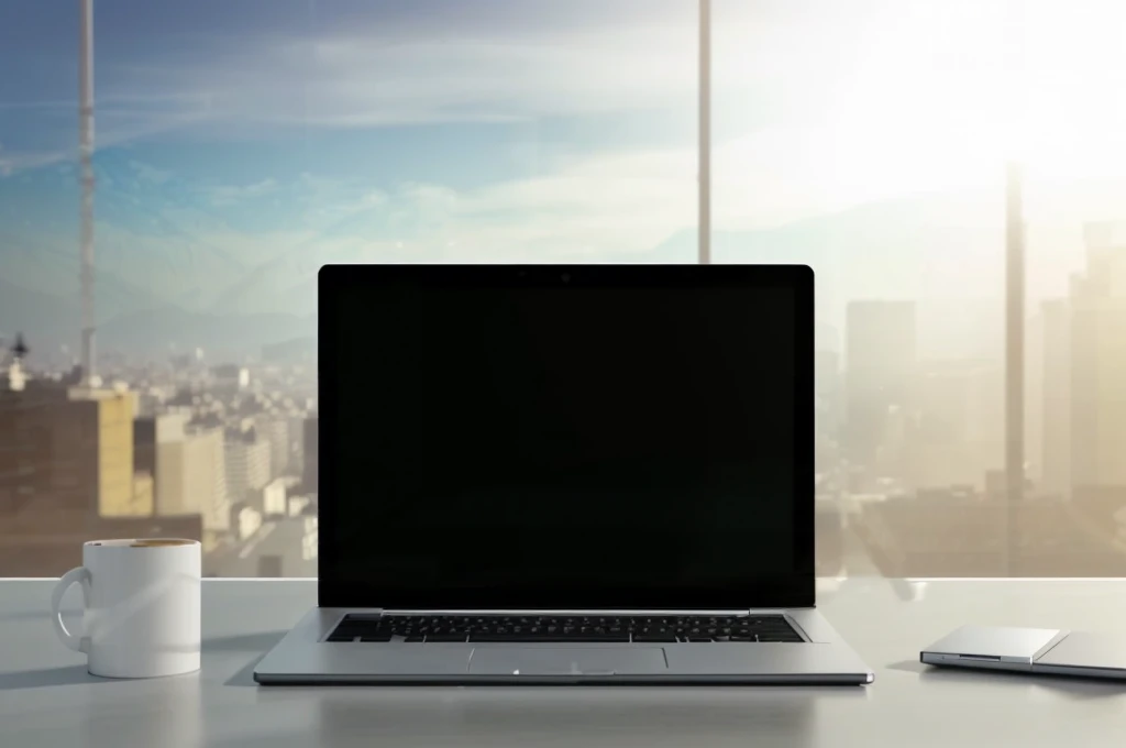 there is a retangular laptop computer sitting on a Wooden desk with a cup of coffee, wide-screen, laptop, working on a laptop at a desk, a computer rendering, pc screen image, office background, computer, computer cgi, high quality image, laptops, in front of a computer, wide screen, computer render, widescreen, large screen, 8k