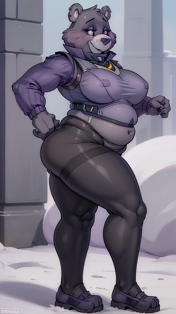 bear, 1girl, ((middle breast)), ((purple fur)), ((white belly)), ((huge butt)), ((belly stuffed)), ((standing)), ((black pantyhose)), ((police officer)), ((bullet proof vest)),