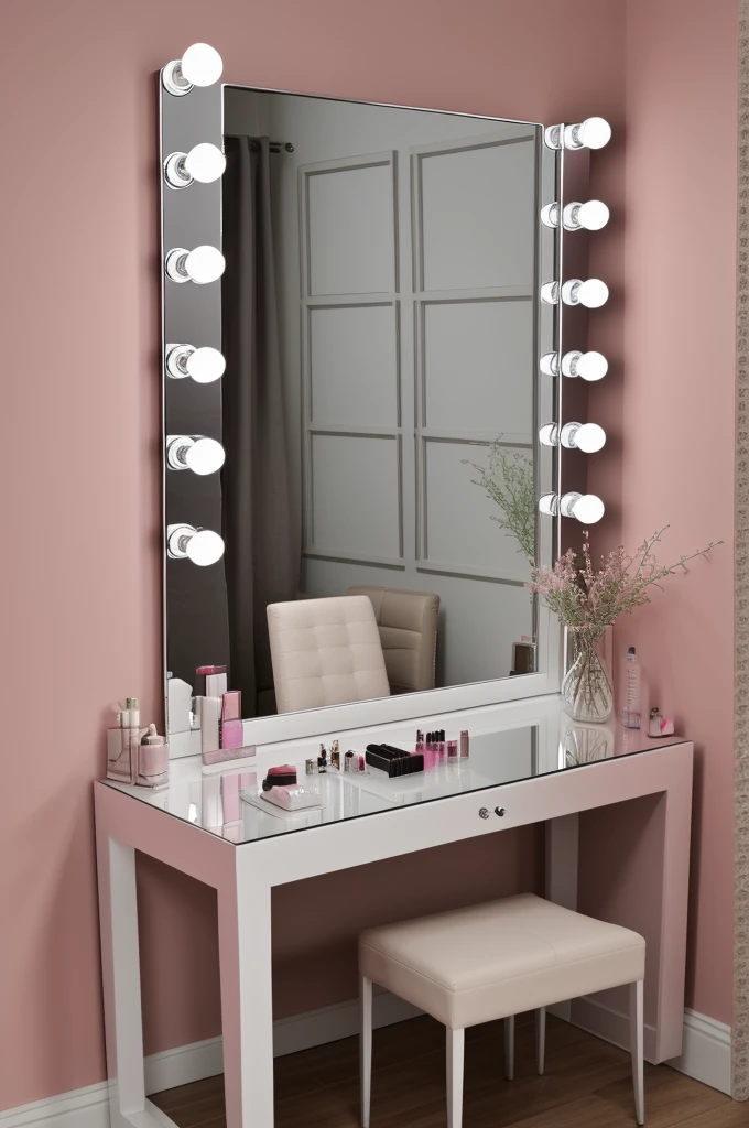 create for me a professional makeup studio for a small place with a table, stretcher chair, makeup accessories, a beautiful mirror on the wall with LED, a large space