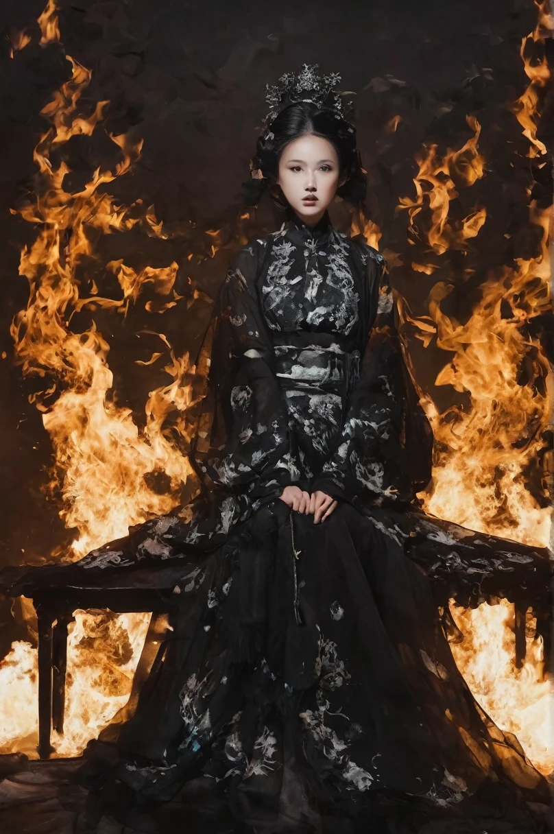 The picture is symmetrical, Symmetrical art double exposure style, Volumetric lighting, lean forward,light depth, Dramatic mood lighting, Volumetric lighting, Double image ghosting effect, Image combination,
(actual, photoactual),The girl sat on the throne, and Black flames spread around her from the center
(Black:1.2)
The girl is wearing a Hanfu made up of Black ghosts and skeletons. The Black ghosts and skeletons surround the girl, with Black flames burning and ghosts all around.
