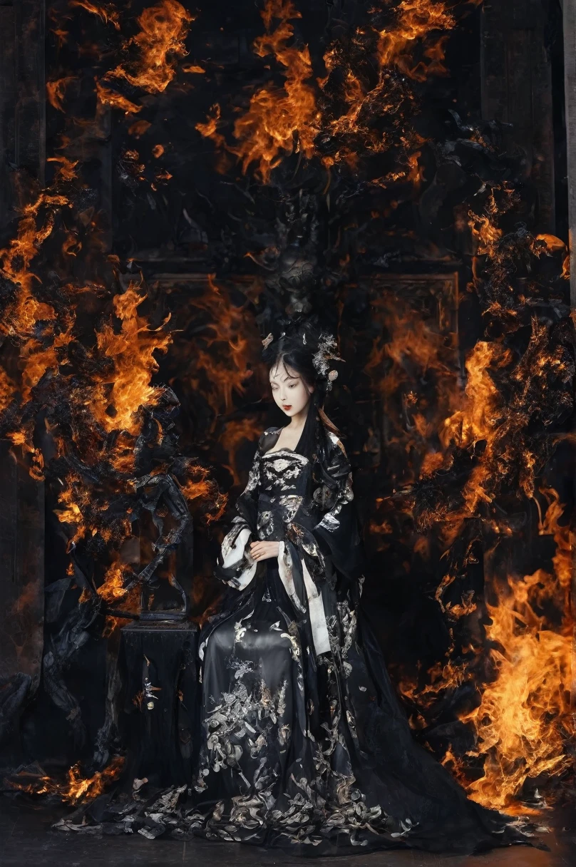 The picture is symmetrical, Symmetrical art double exposure style, Volumetric lighting, lean forward,light depth, Dramatic mood lighting, Volumetric lighting, Double image ghosting effect, Image combination,
(actual, photoactual),The girl sat on the throne, and Black flames spread around her from the center
(Black:1.2)
The girl is wearing a Hanfu made up of Black ghosts and skeletons. The Black ghosts and skeletons surround the girl, with Black flames burning and ghosts all around.
