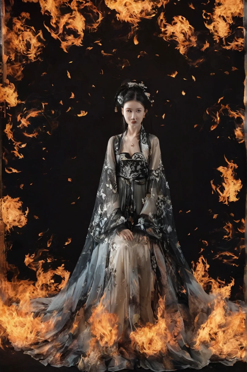 The picture is symmetrical, Symmetrical art double exposure style, Volumetric lighting, lean forward,light depth, Dramatic mood lighting, Volumetric lighting, Double image ghosting effect, Image combination,
(actual, photoactual),The girl sat on the throne, and Black flames spread around her from the center
(Black:1.2)
The girl is wearing a Hanfu made up of Black ghosts and skeletons. The Black ghosts and skeletons surround the girl, with Black flames burning and ghosts all around.
