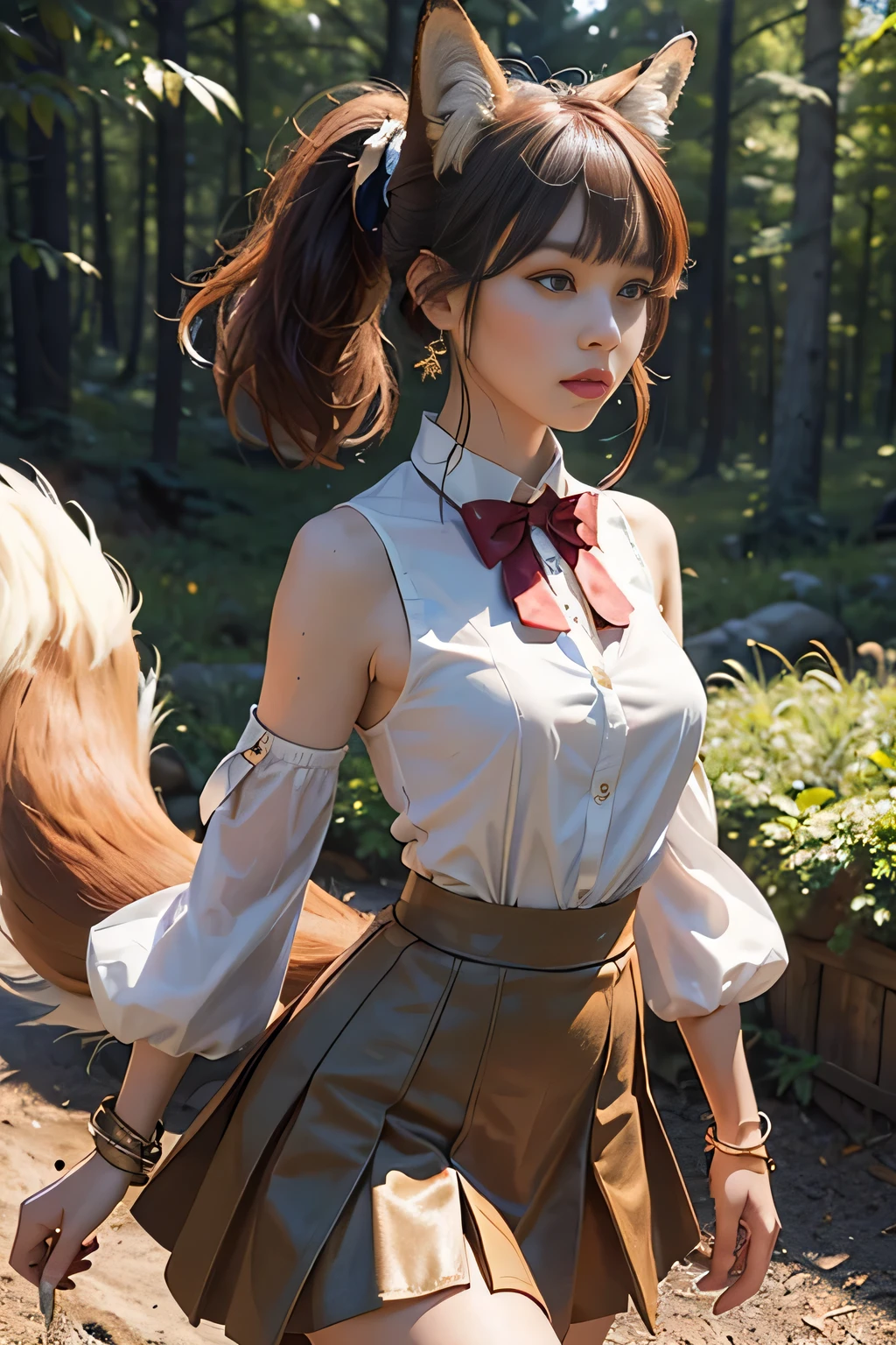 masterpiece, best quality, Ultra DeTailed, RAW photos, (Reality:1.4), High-speed rail Dingyun line, 1 Girl, Solitary, Bangs, (Fox ears), Medium breasts, Garment cutting, cleveage cutout, Animal ears, Fox Girl, brown skirt, ponyTail, bow tie, skirt, (bracelet), Jewelry, cleveage, Separate sleeves, (blue bracelet), White sleeves, shirt, sleeveless shirt, Gold trim, brown skirt, (Tail, fox Tail), earrings, Dynamic Angle, Outdoor deep forest,