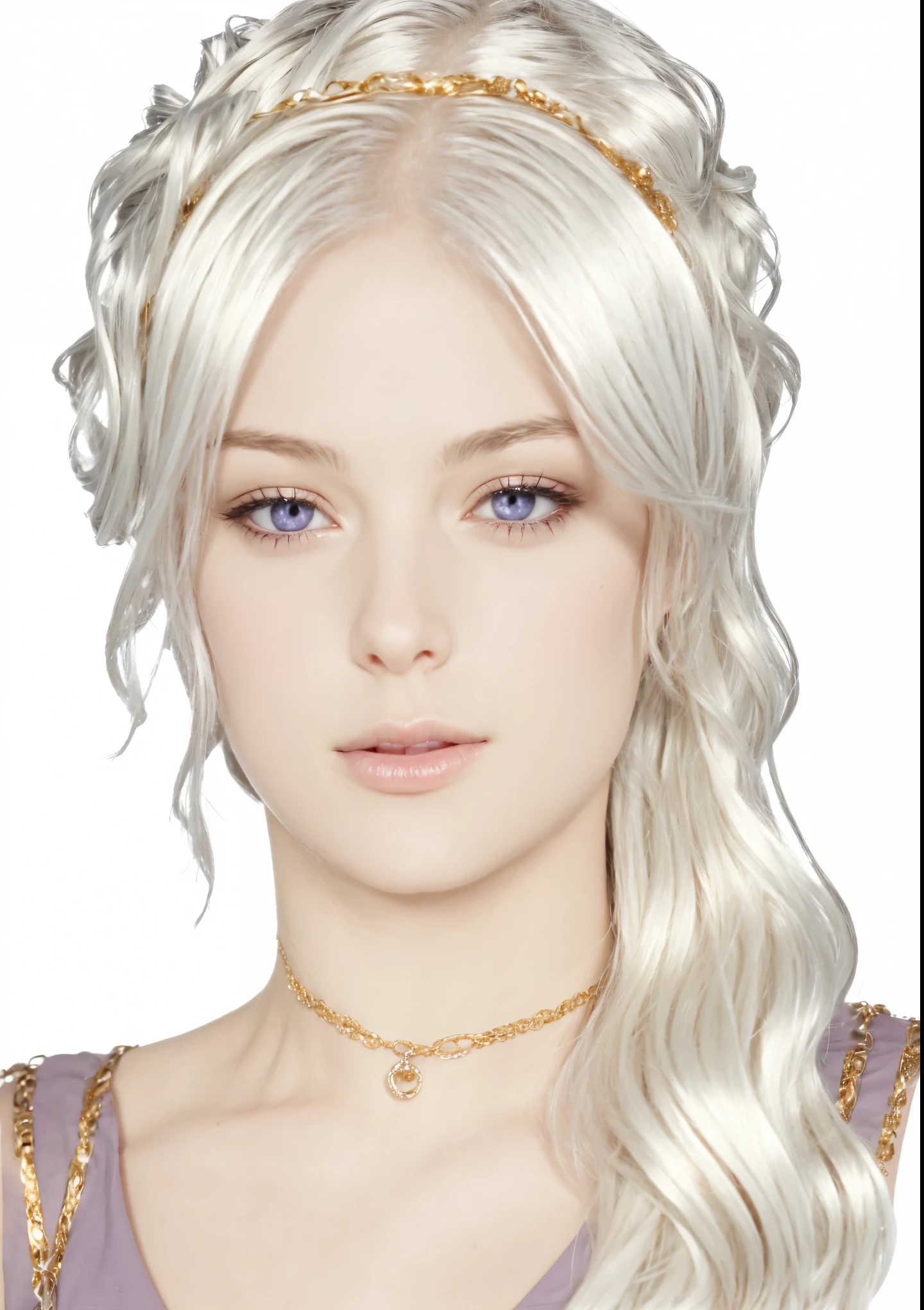 Girl, silver-gold hair, purple eyes, European,