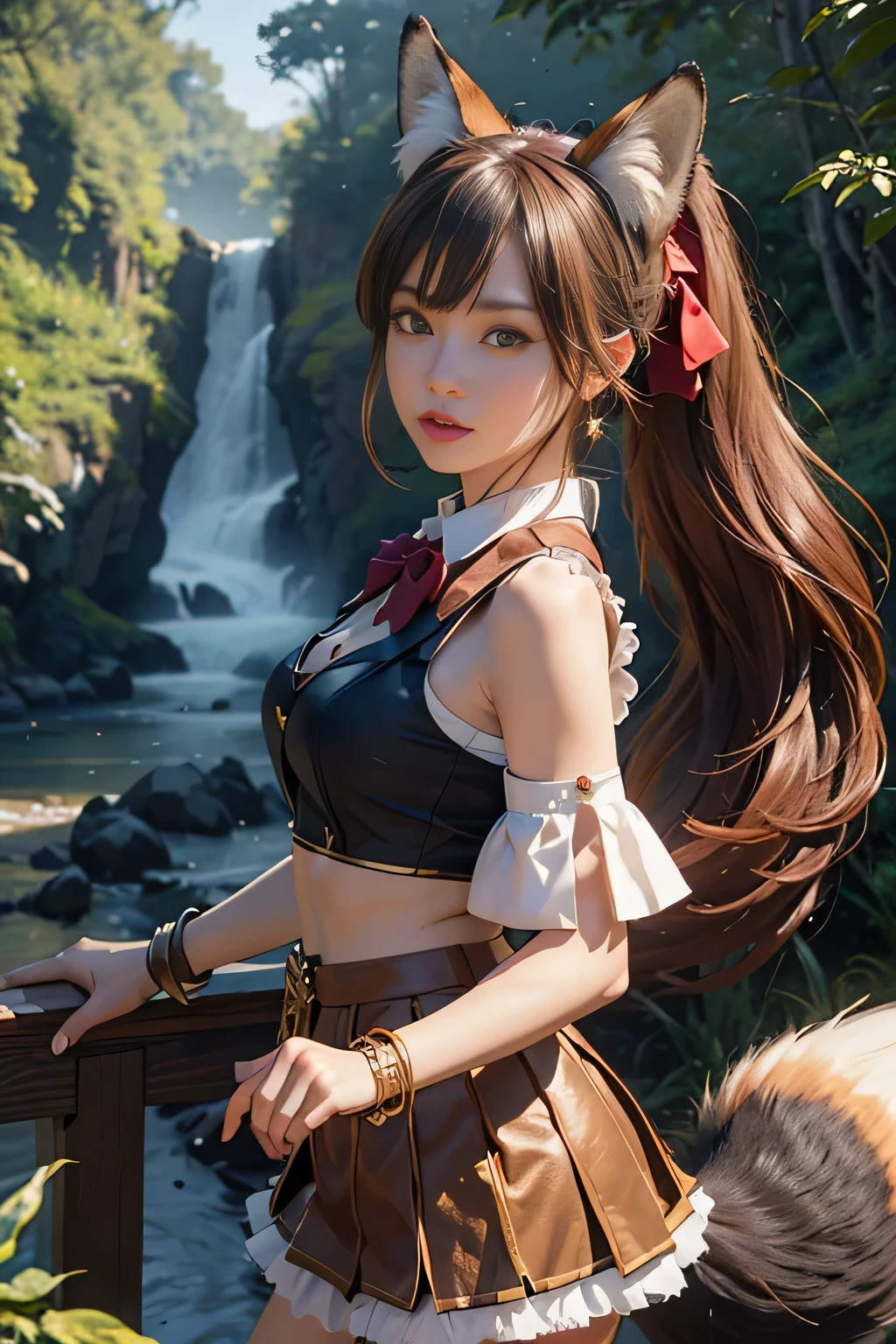 masterpiece, best quality, Ultra DeTailed, RAW photos, (Reality:1.4), High-speed rail Dingyun line, 1 Girl, Solitary, Bangs, (Fox ears), Medium breasts, Garment cutting, cleveage cutout, Animal ears, Fox Girl, brown skirt, ponyTail, bow tie, skirt, (bracelet), Jewelry, cleveage, Separate sleeves, (blue bracelet), White sleeves, shirt, sleeveless shirt, Gold trim, brown skirt, (Tail, fox Tail), earrings, Dynamic Angle, Outdoor deep forest,