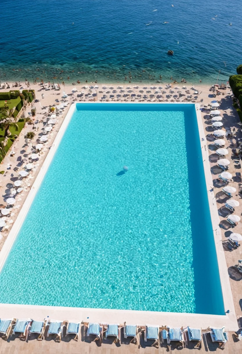 Captures an image from different angles of a very large pool in which there are many white rectangular signs floating on the water, all the same and of the same size.. In the center of the pool there is a dazzling smiling lottery drum floating in the water with its balls inside., everything takes place under a radiant sun on a Mediterranean beach with impressive lighting for a perfect shot. professional photography, 8k, RAW photo, The best quality, Masterpiece, photorealistic, Highly detailed, cinematic lighting, sharp focus, réflex digital, high resolution, photorealistic,