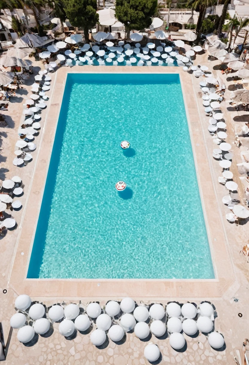 Captures an image from different angles of a very large pool in which there are many white rectangular signs floating on the water, all the same and of the same size.. In the center of the pool there is a dazzling smiling lottery drum floating in the water with its balls inside., everything takes place under a radiant sun on a Mediterranean beach with impressive lighting for a perfect shot. professional photography, 8k, RAW photo, The best quality, Masterpiece, photorealistic, Highly detailed, cinematic lighting, sharp focus, réflex digital, high resolution, photorealistic,