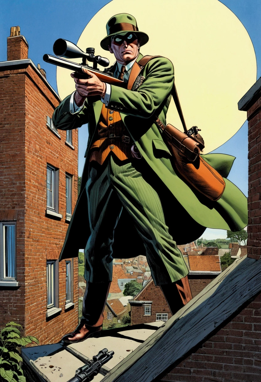 aiming Sniper, by Brian Bolland, comic style, full body, cinematic still, (best quality, masterpiece), very aesthetic, perfect composition, intricate details, ultra-detailed, vivid colors