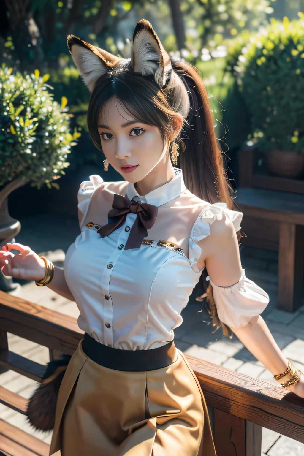 masterpiece, best quality, Ultra DeTailed, RAW photos, (Reality:1.4), High-speed rail Dingyun line, 1 Girl, Solitary, Bangs, (Fox ears), Medium breasts, Garment cutting, cleveage cutout, Animal ears, Fox Girl, brown skirt, ponyTail, bow tie, skirt, (bracelet), Jewelry, cleveage, Separate sleeves, (blue bracelet), White sleeves, shirt, sleeveless shirt, Gold trim, brown skirt, (Tail, fox Tail), earrings, Dynamic Angle, Outdoor deep forest