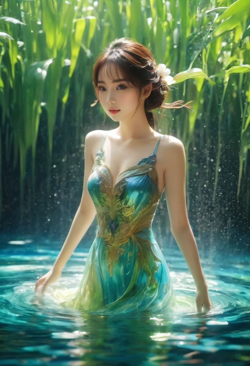 Asian beautiful girl underwater, Hepburn iris, smooth, arrive, gill, dark, Rainbow, full length view,HILL,anatomically correct