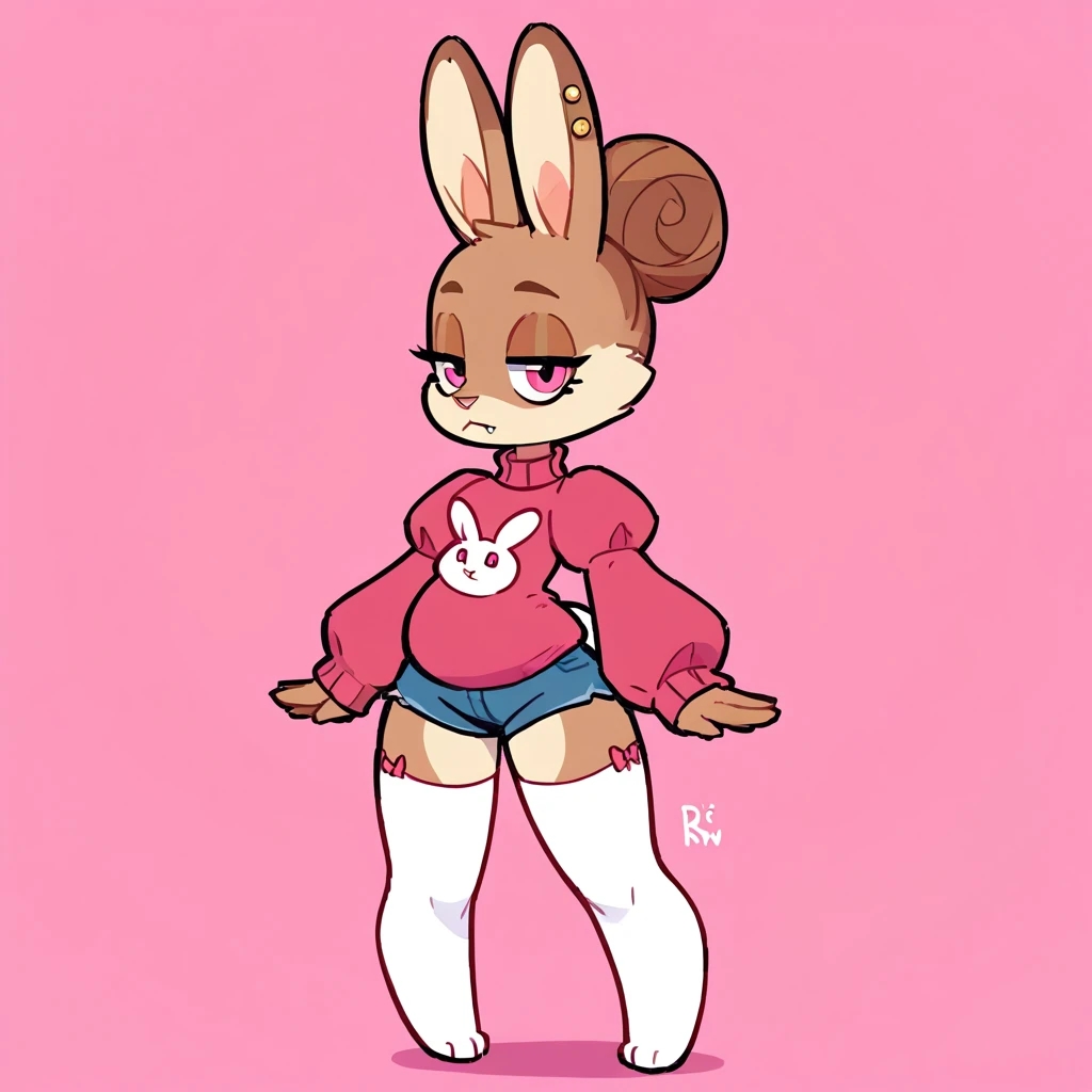 score_9, score_8_up, rbrite, rabbit, solo, full body, digital art, highly detailed, (score_9, score_8_up), score_7_up, score_6_up, score_5_up, score_4_up, Hazel Typh, 1bunny, best quality, furry, bunny ears, gold piercing, animal nose, pink eyes, hair bun, long tail, expressionless, closed mouth, fangs, puffy sleeves, pink background, looking at viewer, beautiful and detailed, girl (((female))) ((anthro)) bunny, (Averi, bunny girl), by waspsalad, by phluks, by zero-sum, bunny, (anthro, fluffy fur, character focus:1.1), anthro bunny, body fur, nice, cute, digital drawing, (half-closed eyes), big eyes, sweater, short shorts, thigh highs, stockings, (hi res), ((masterpiece)), ((best quality)), bunny, female bunny, clean sketch, anthropomorphic bunny, fursona, sharp teeth, big ears, smooth hair, smooth fur, long eyelashes, makeup, thin, chubby face