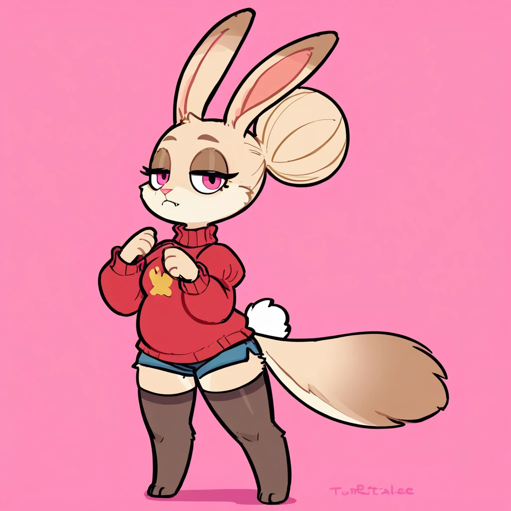score_9, score_8_up, rbrite, rabbit, solo, full body, digital art, highly detailed, (score_9, score_8_up), score_7_up, score_6_up, score_5_up, score_4_up, Hazel Typh, 1bunny, best quality, furry, bunny ears, gold piercing, animal nose, pink eyes, hair bun, long tail, expressionless, closed mouth, fangs, puffy sleeves, pink background, looking at viewer, beautiful and detailed, girl (((female))) ((anthro)) bunny, (Averi, bunny girl), by waspsalad, by phluks, by zero-sum, bunny, (anthro, fluffy fur, character focus:1.1), anthro bunny, body fur, nice, cute, digital drawing, (half-closed eyes), big eyes, sweater, short shorts, thigh highs, stockings, (hi res), ((masterpiece)), ((best quality)), bunny, female bunny, clean sketch, anthropomorphic bunny, fursona, sharp teeth, big ears, smooth hair, smooth fur, long eyelashes, makeup, thin, chubby face