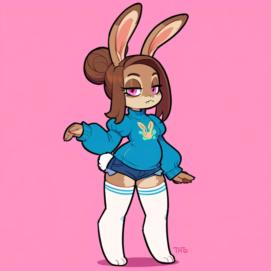 score_9, score_8_up, rbrite, rabbit, solo, full body, digital art, highly detailed, (score_9, score_8_up), score_7_up, score_6_up, score_5_up, score_4_up, Hazel Typh, 1, best quality, furry,  ears, gold piercing, animal nose, pink eyes, hair bun, long tail, expressionless, closed mouth, fangs, puffy sleeves, pink background, looking at viewer, beautiful and detailed, girl (((female))) ((anthro)) , (Averi,  girl), by waspsalad, by phluks, by zero-sum, , (anthro, fluffy fur, character focus:1.1), anthro , body fur, nice, cute, digital drawing, (half-closed eyes), big eyes, sweater, short shorts, thigh highs, stockings, (hi res), ((masterpiece)), ((best quality)), , female , clean sketch, anthropomorphic , fursona, sharp teeth, big ears, smooth hair, smooth fur, long eyelashes, makeup, thin, chubby face