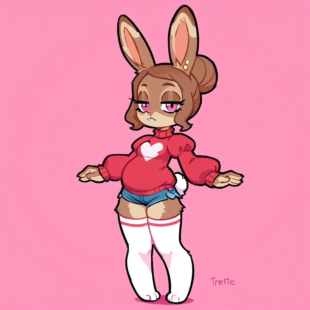 Uploaded E621, Beautiful and detailed portrait of a female anthro rabbit (((female)), uploaded to E621, Kilinah, by Kilinah, Zenematic lighting, (((confident, seductive))), BL, rabbit, Thighighs, large chest, full body, beautiful, messy hair, short hair, suggestive pose, standing, brown hair, 1girl, solo, red headband, green eyes, lustful face, solo, 1girl, yellow tank top, black panties,  torn high stockings, suggestive, lust, smug smile, character bragging, reference sheet, brown fur